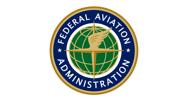 Federal Aviation Administration emblem: a gold eagle over a green globe, blue ring with white 'Federal Aviation Administration' text.